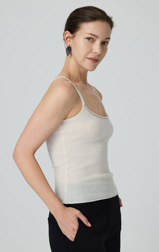 Beige cashmere knit camisole in a side profile with thin straps
