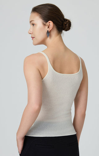 Back view of beige cashmere knit camisole with thin crisscross straps