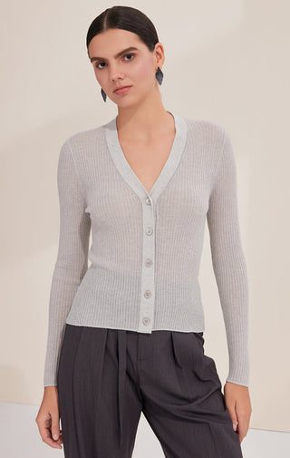Wool Blend Slim-Fit Ribbed V-Neck Cardigan