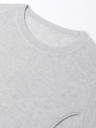 Gray-blue crew neckline with ribbed collar on fine wool knit top