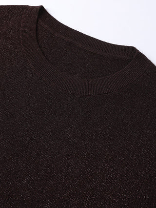 Neckline close-up of dark brown fine wool rib knit top with crew neck ribbing