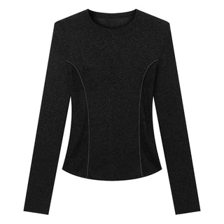 Dark top flat lay of fine wool rib knit with curved beaded seam panels