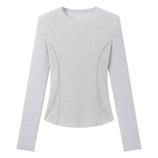 Gray-blue fine wool knit top on white background, long sleeves and curved seam panels