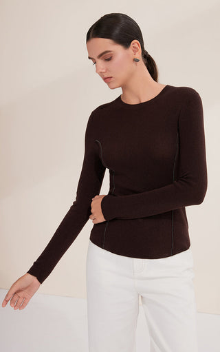 Dark brown fine wool rib knit top with long sleeves and beaded seam detail at side