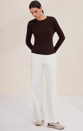Dark brown fine wool rib knit top with beaded side seams and crew neckline