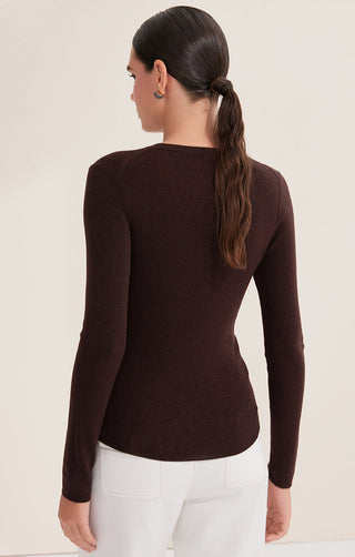 Dark brown fine wool rib knit top, fitted back view with beaded seam accents