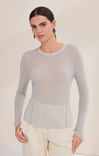 Gray-blue fine wool knit top with ribbed seams and long sleeves