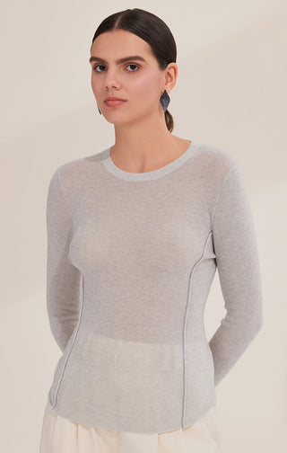 Gray-blue fine wool beaded seam rib knit top, fitted with long sleeves
