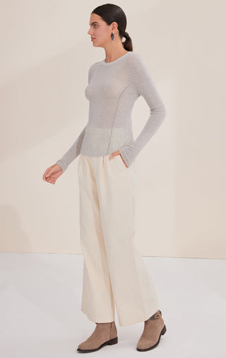 Gray-blue long-sleeve wool rib knit top with curved seam detail