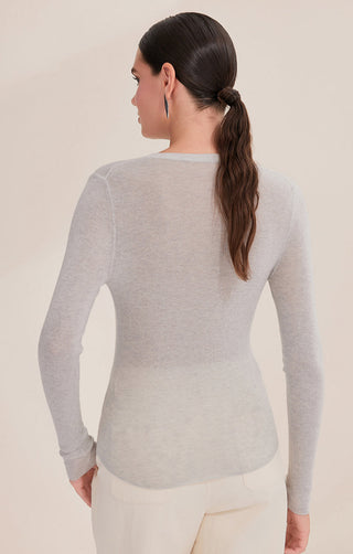 Gray-blue wool knit top from back view with ribbed seam lines