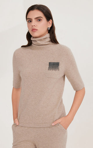 Camel cashmere short-sleeve turtleneck knit sweater with silver bead fringe pocket detail