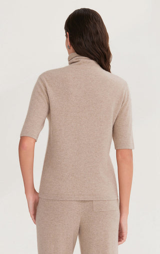Camel cashmere short-sleeve turtleneck knit sweater, back view