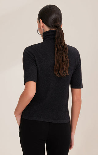 Black cashmere short-sleeve turtleneck knit sweater, back view