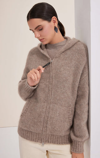 Camel hooded cashmere-blend coat with shiny zipper pull and ribbed cuffs