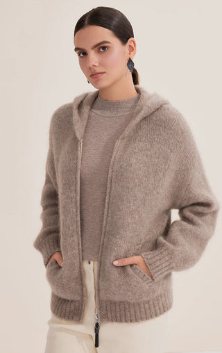 Camel cashmere-blend hooded coat with shiny zipper and front patch pocket