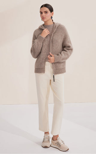 Camel cashmere-blend hooded coat with shiny zipper, ribbed cuffs, and patch pockets