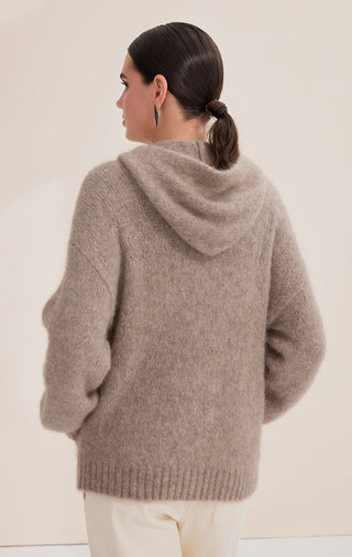 Camel cashmere-blend hooded coat, back view with ribbed hem and cuffed sleeves