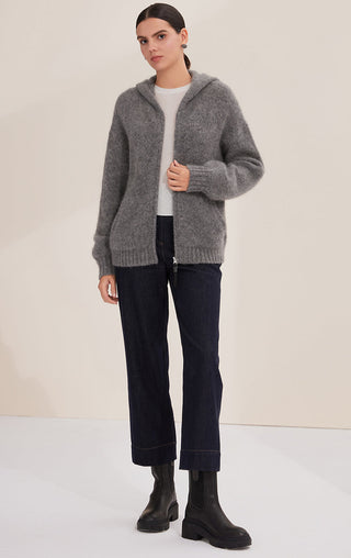Graphite gray cashmere-blend hooded coat with shiny zipper, patch pockets, ribbed hem