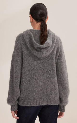 Graphite gray hooded cashmere-blend coat, rear view with ribbed hem and sleeve cuffs