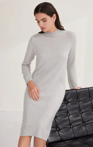 Light gray knit midi dress, beaded high neckline, long sleeves, side pose