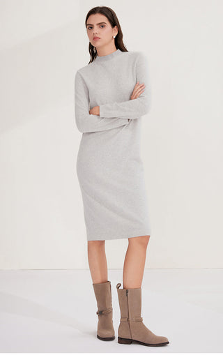 High-Neck Cashmere Dress with Layered Shimmer Neckline
