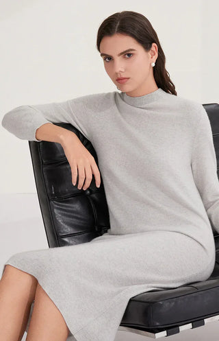 Light gray knit midi dress, high neckline with beaded trim, long sleeves