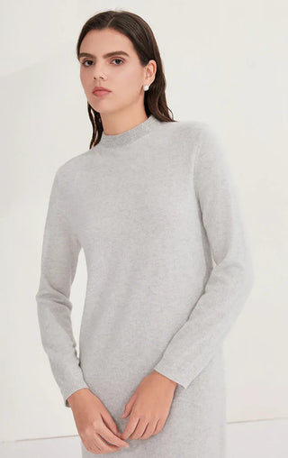 Light gray cashmere knit midi dress, beaded high neckline, long sleeves