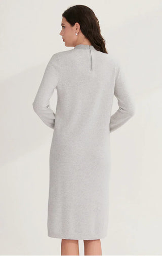 Light gray knit midi dress, back view with high neckline and long sleeves
