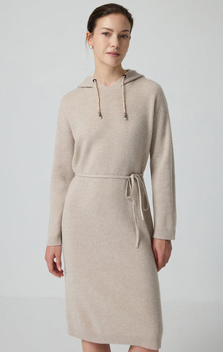 Wool Hooded Knit Dress with Waist Tie