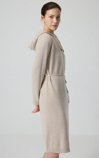 Camel wool hooded knit dress, side view with drawstring hood and tied waist belt