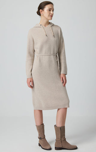 Camel wool hooded knit dress with waist tie, long sleeves and straight midi hem