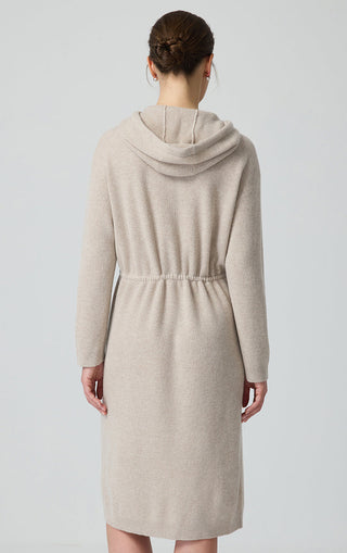 Camel wool hooded knit dress back view with drawstring hood and tied waist