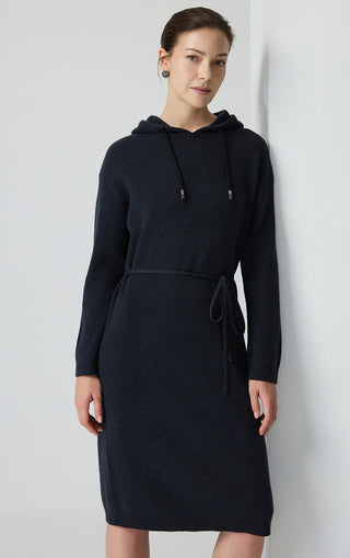 Black wool hooded knit dress with waist tie, long sleeves and drawstring hood