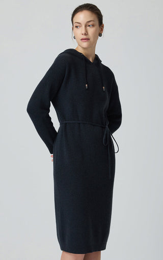 Black wool hooded knit dress with waist tie and drawstring hood, long sleeves