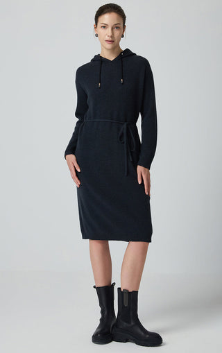Black wool hooded knit dress with drawstring waist tie, long sleeves