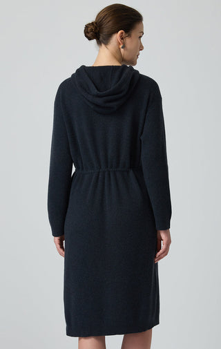 Black wool hooded knit dress, back view with long sleeves and midi hem