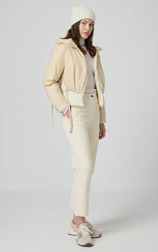 Beige faux two-piece down jacket with hood, full-length view with zipper front