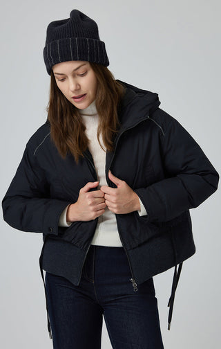 Black faux two-piece down jacket with hood, front zipper and drawstring details