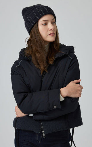 Black hooded down-style jacket with two-piece look, side-front view