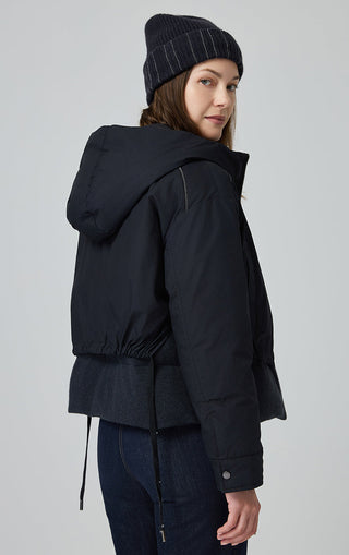 Black hooded down-style jacket back/side view with cinched waist