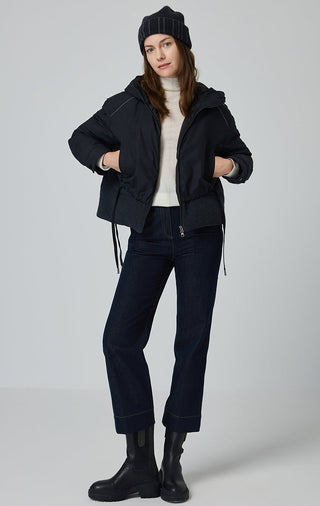 Black faux two-piece down jacket with hood, full body view, zipper front