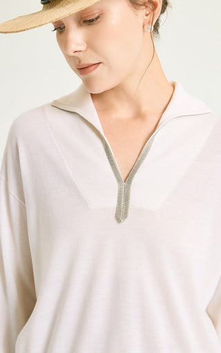 Wool Polo Knit Pullover With Silver Beaded Collar - serathinan 