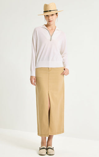 Wool Polo Knit Pullover With Silver Beaded Collar - serathinan 