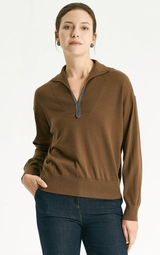 Wool Polo Knit Pullover With Silver Beaded Collar - serathinan 