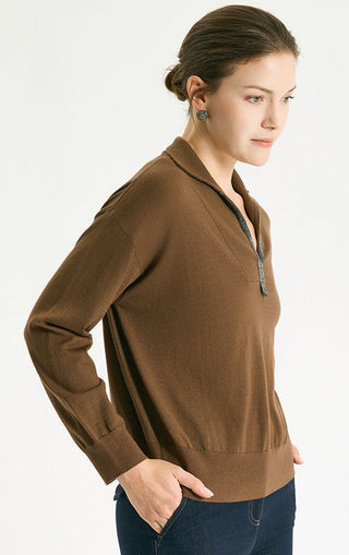 Wool Polo Knit Pullover With Silver Beaded Collar - serathinan 