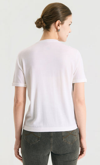 White wool-silk knit top back view, short sleeves, crew neck, vertical lurex stripes