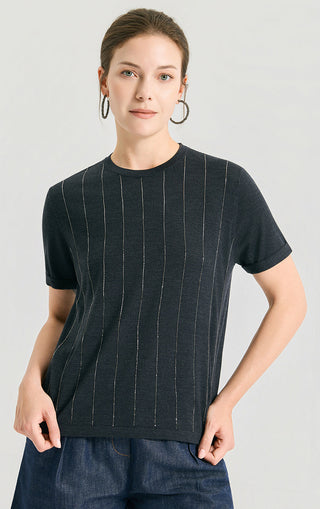 Black/dark knit top with vertical lurex stripes, crew neck, short sleeves