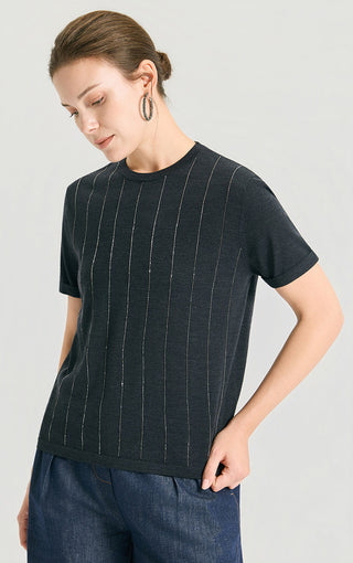 Dark wool-silk knit top front view with vertical lurex stripes, crew neck, short sleeves