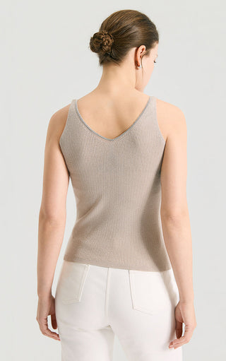 Camel sleeveless knit tank with V-back neckline and ribbed knit texture, back view.