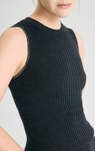 Graphite gray ribbed knit tank top close-up of neckline and armhole
